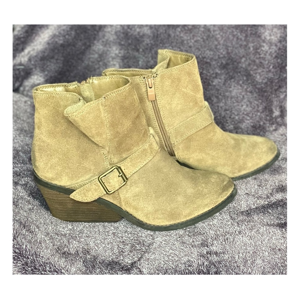 Tan Suede Buckle Wedge Bootie